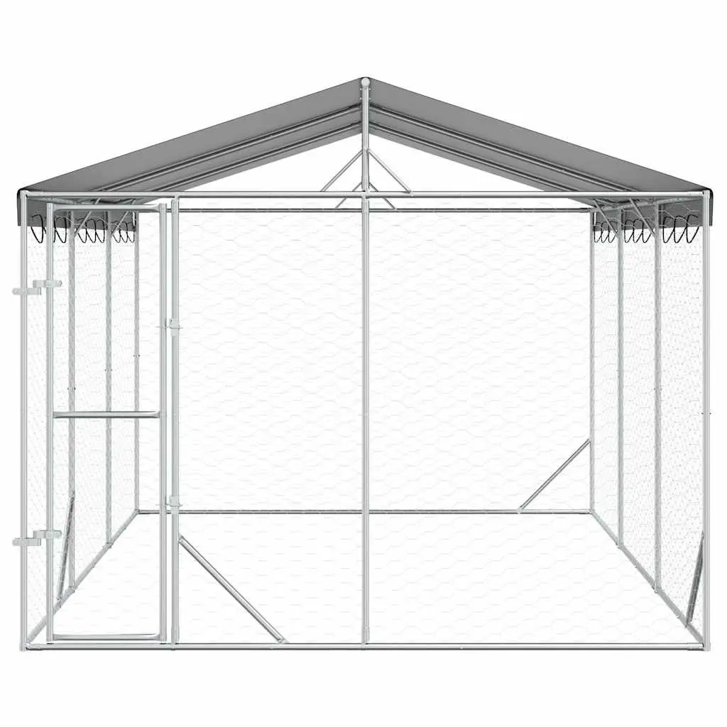 Dog Kennel Run Silver 3x4.5x2.5m Galvanised Steel Heavy-Duty Enclosure with Roof