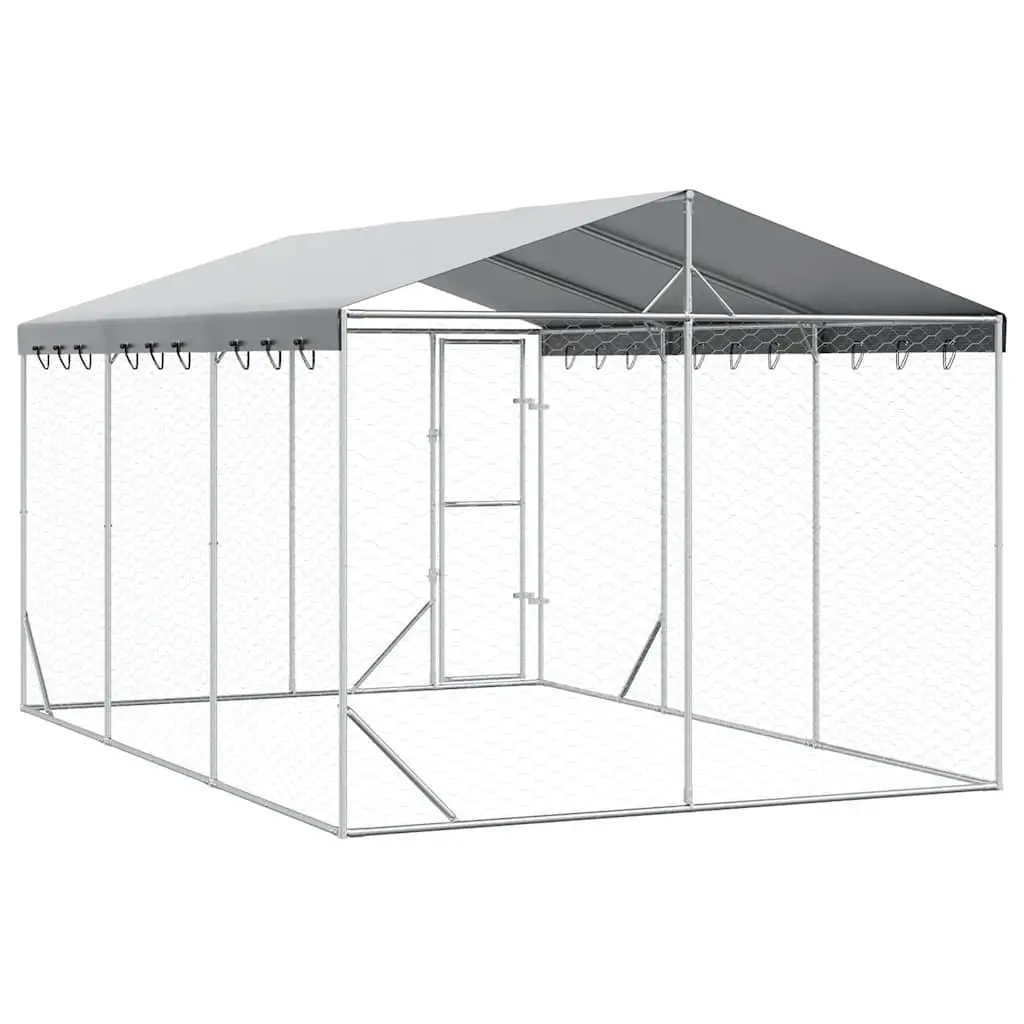 Dog Kennel Run Silver 3x4.5x2.5m Galvanised Steel Heavy-Duty Enclosure with Roof