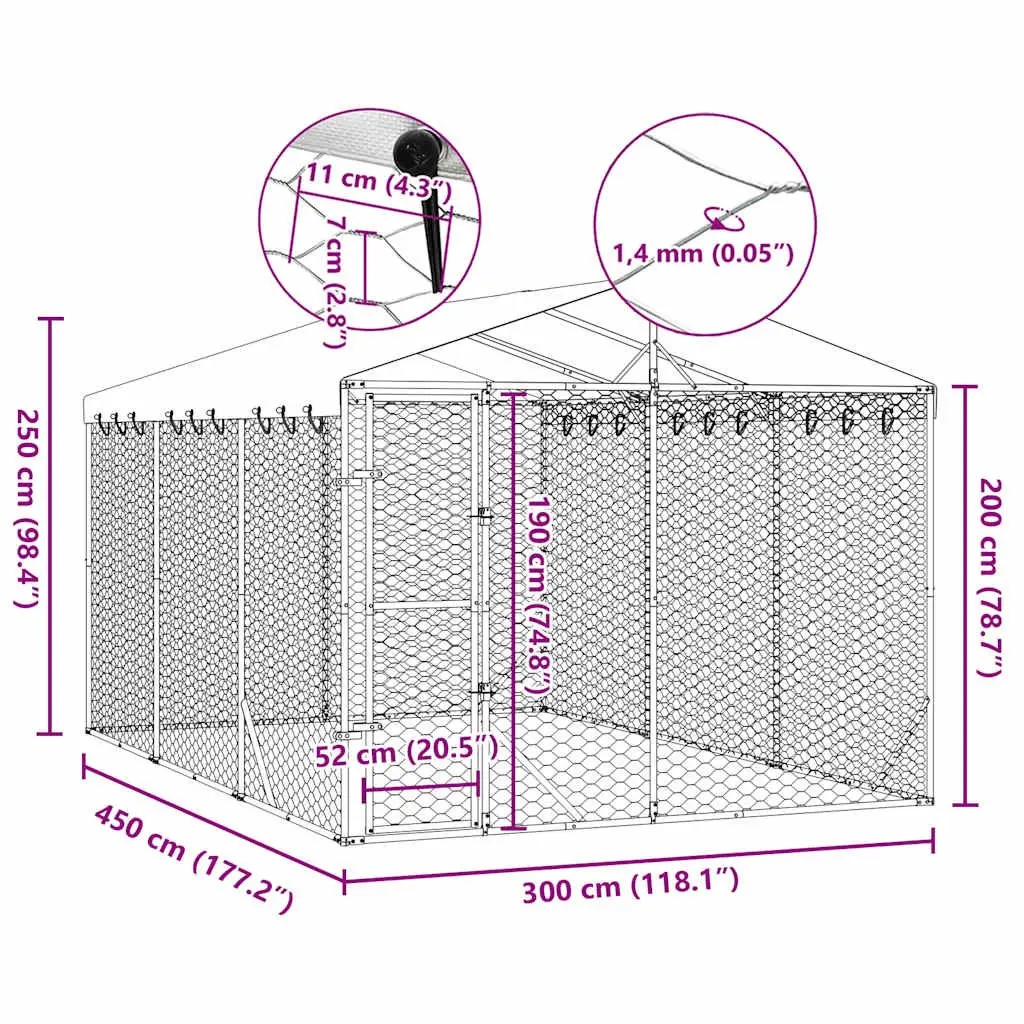 Dog Kennel Run Silver 3x4.5x2.5m Galvanised Steel Heavy-Duty Enclosure with Roof