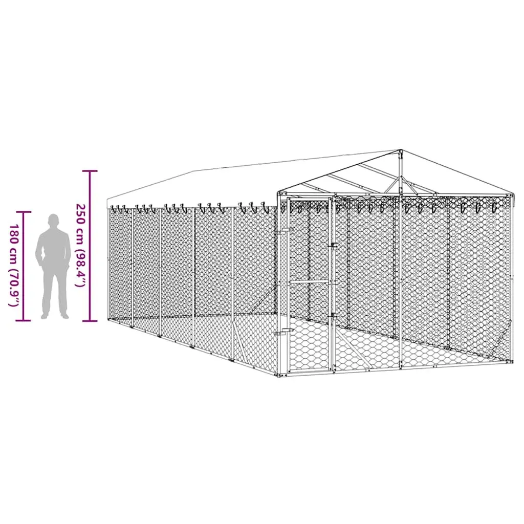 Outdoor Dog Kennel Silver 3x7.5x2.5m Spacious Enclosure with Roof and Lockable Door