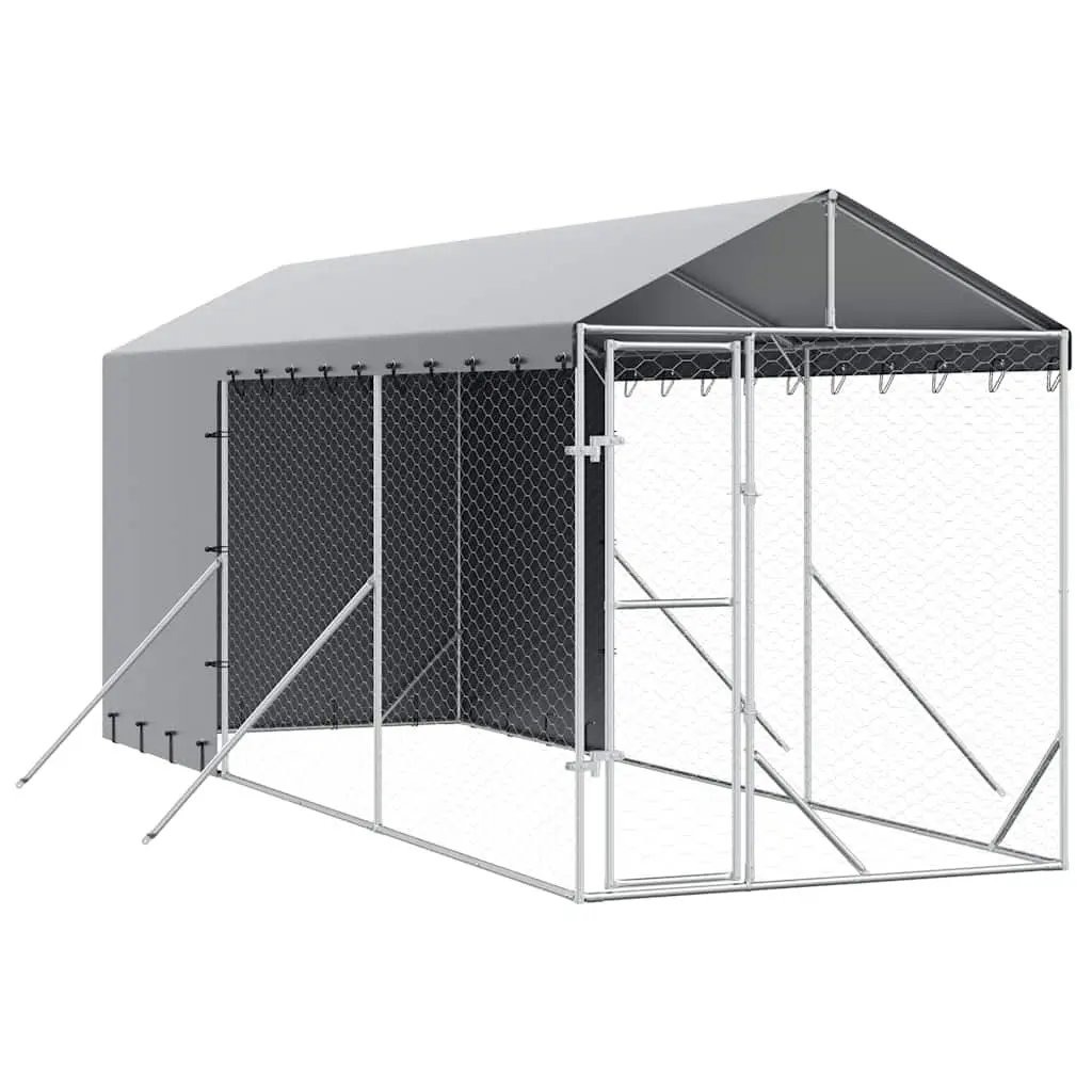 Outdoor Dog Kennel Silver 2x6x2.5 m Galvanised Steel Enclosure with Roof