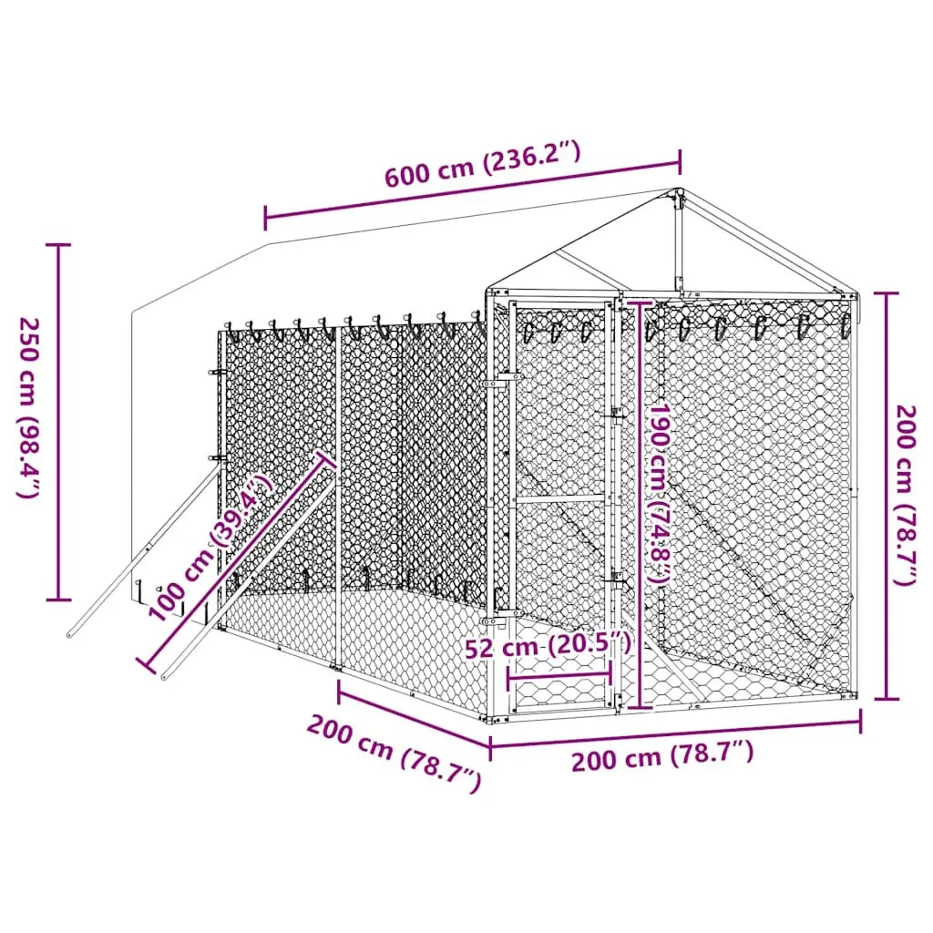 Outdoor Dog Kennel Silver 2x6x2.5 m Galvanised Steel Enclosure with Roof