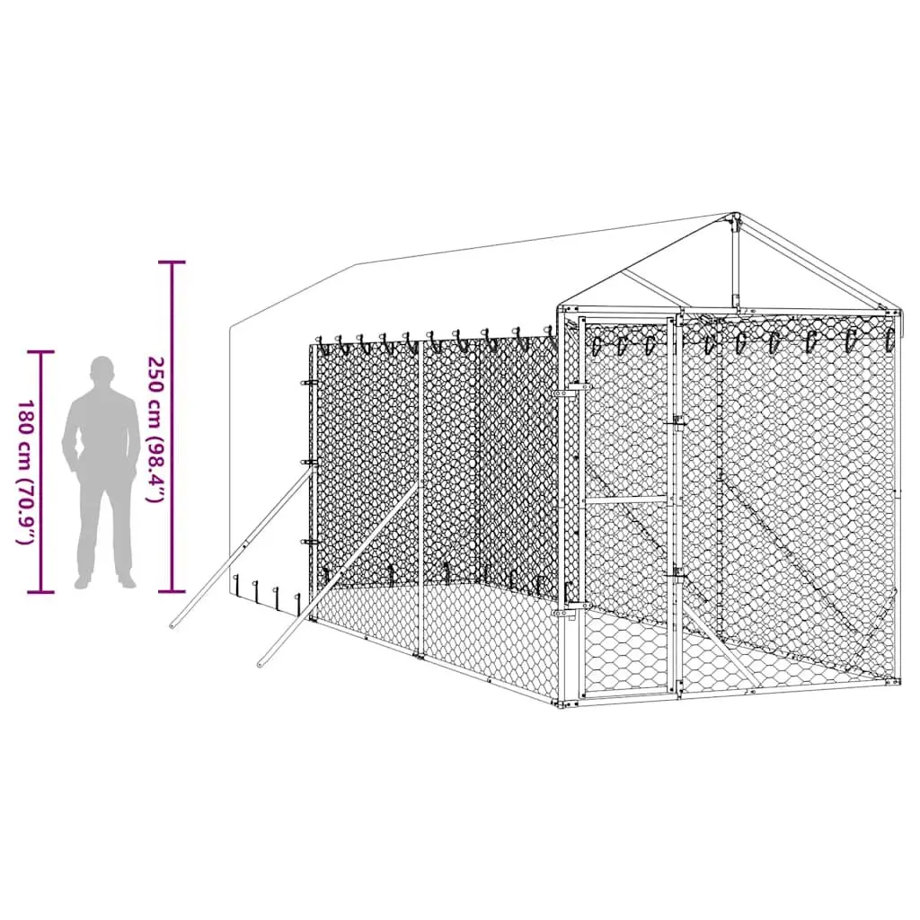 Outdoor Dog Kennel Silver 2x6x2.5 m Galvanised Steel Enclosure with Roof