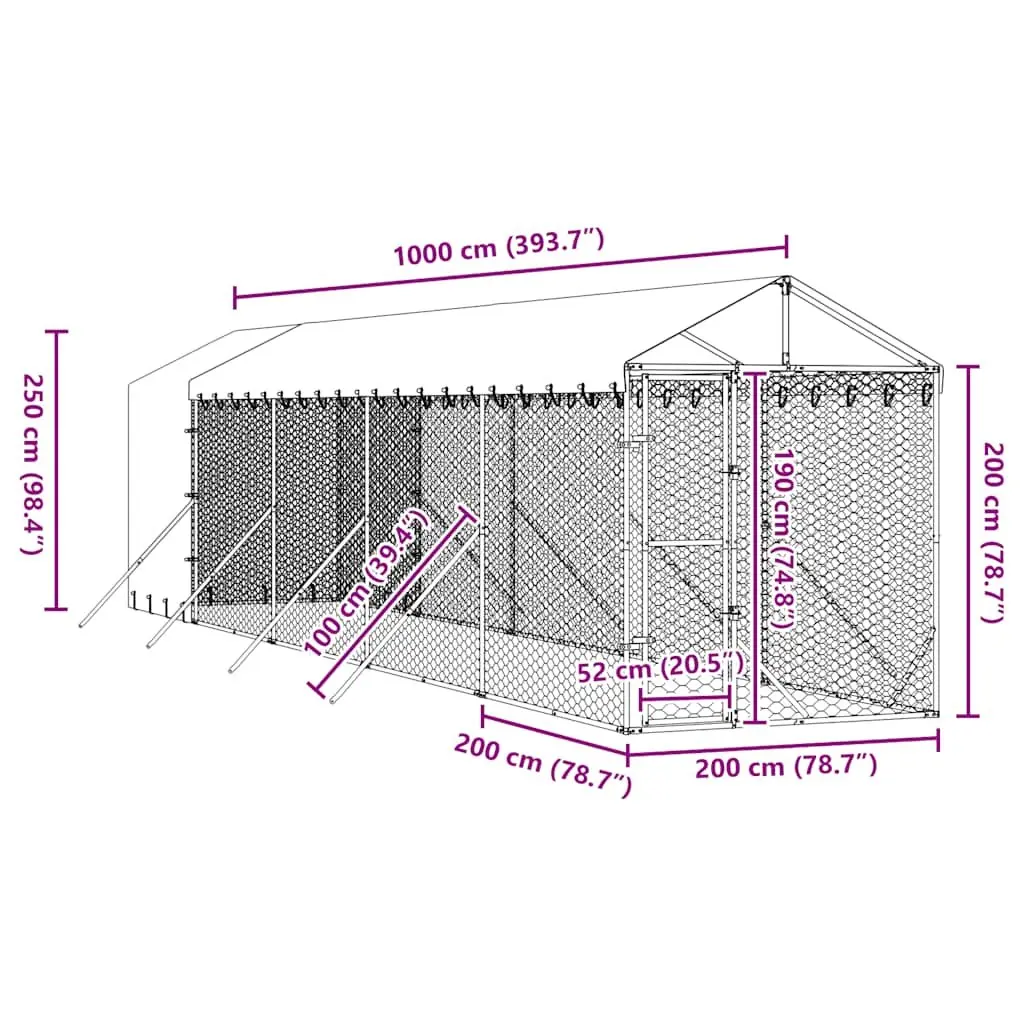Dog Kennel Silver 2x10x2.5m Galvanised Steel Enclosure with Roof