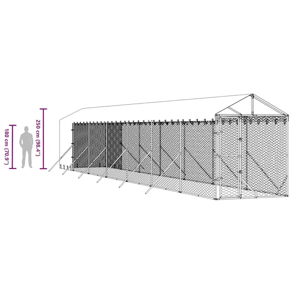 Outdoor Dog Kennel Silver 2x14x2.5 m Galvanised Steel Enclosure with Roof