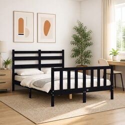 Black Bed Frame 135x190 cm with Solid Pine Build