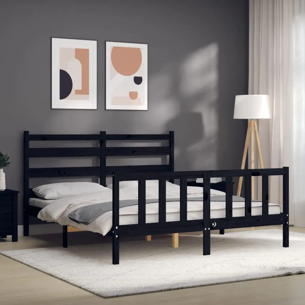 Solid Wood Pine Bed Frame Black 150x200 cm Wooden Bedroom Furniture Bedstead