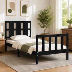 Compact Solid Pine Bed Frame 90x190 cm, Black Wood