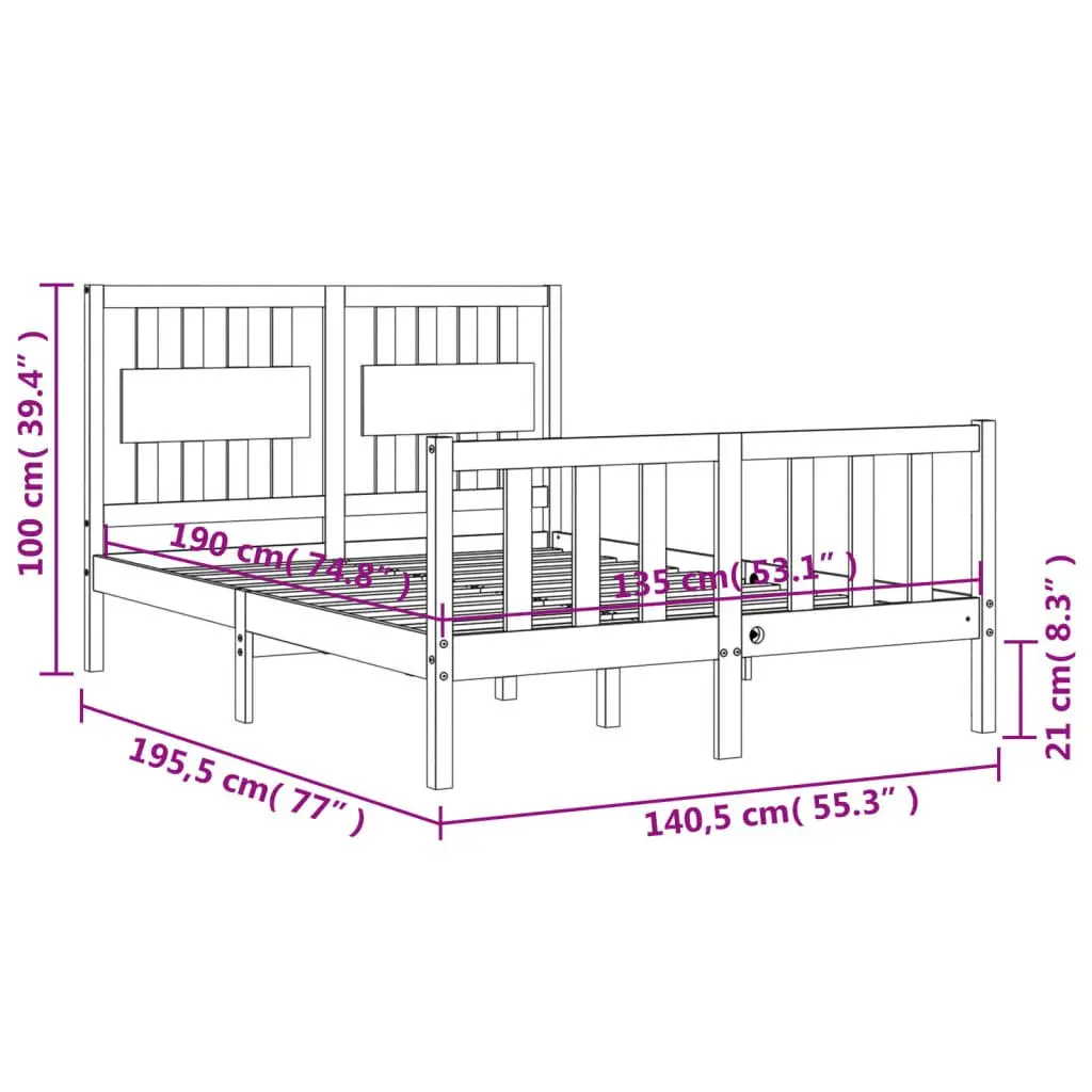 Pine Bed Frame Black 135x190cm with Headboard and Footboard Solid Wood Construction