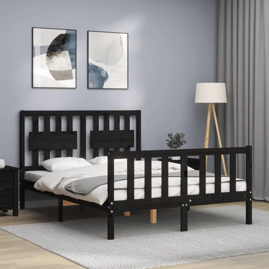 Pine Bed Frame Black 135x190cm with Headboard and Footboard Solid Wood Construction