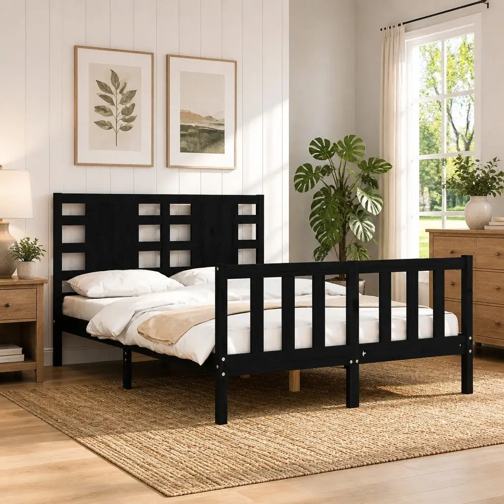 Solid Pine Wood Bed Frame Black 135x190 cm Wooden Bedroom Furniture Sleep