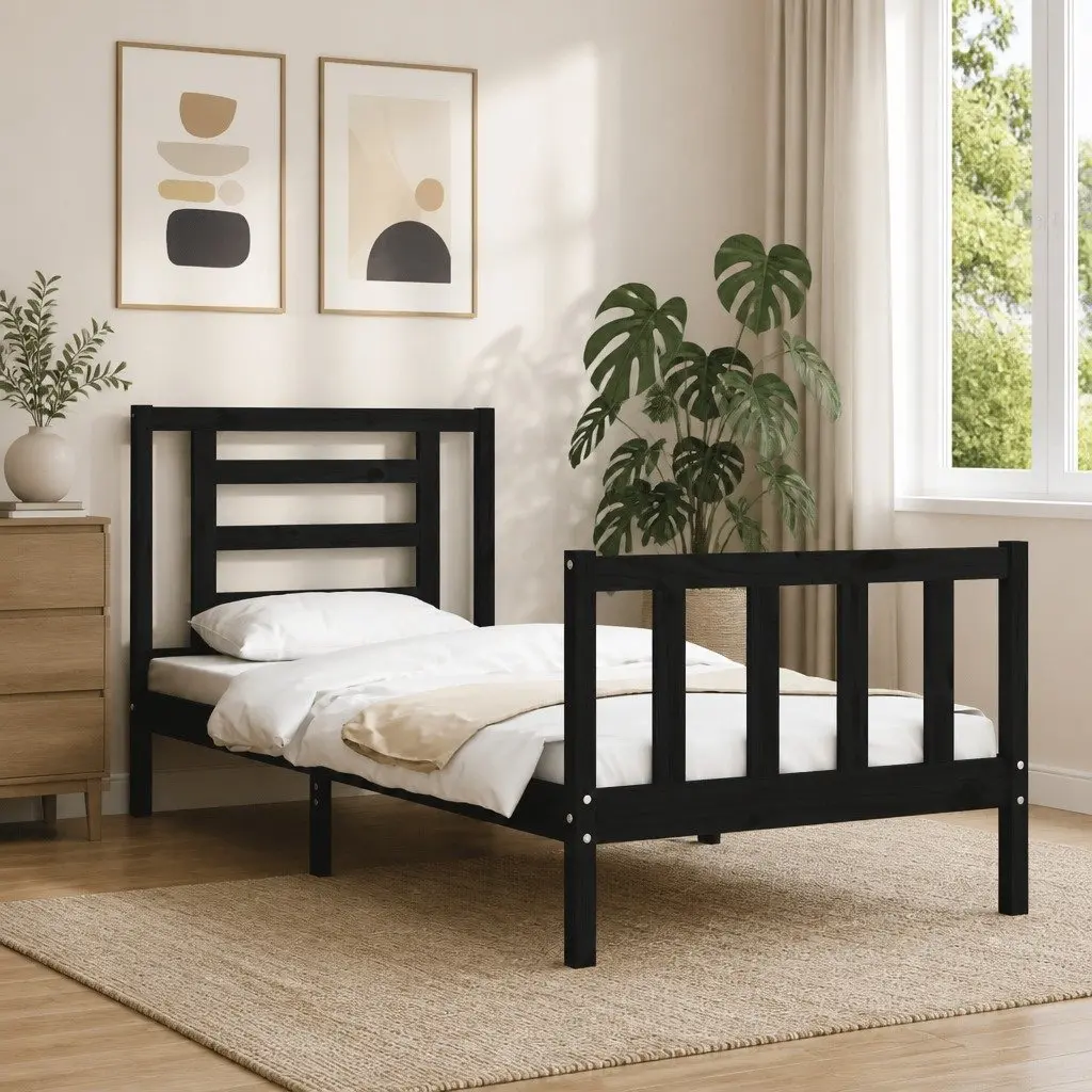 Bed Frame Black 90x190 cm Solid Wood Pine with Headboard and Plywood Slats