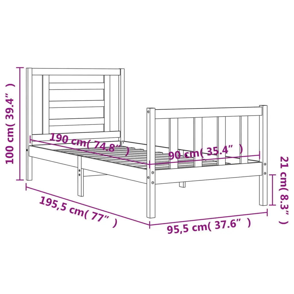 Bed Frame Black 90x190 cm Solid Wood Pine with Headboard and Plywood Slats