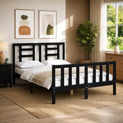 Sturdy Pine Bed Frame 135x190 cm in Black Color