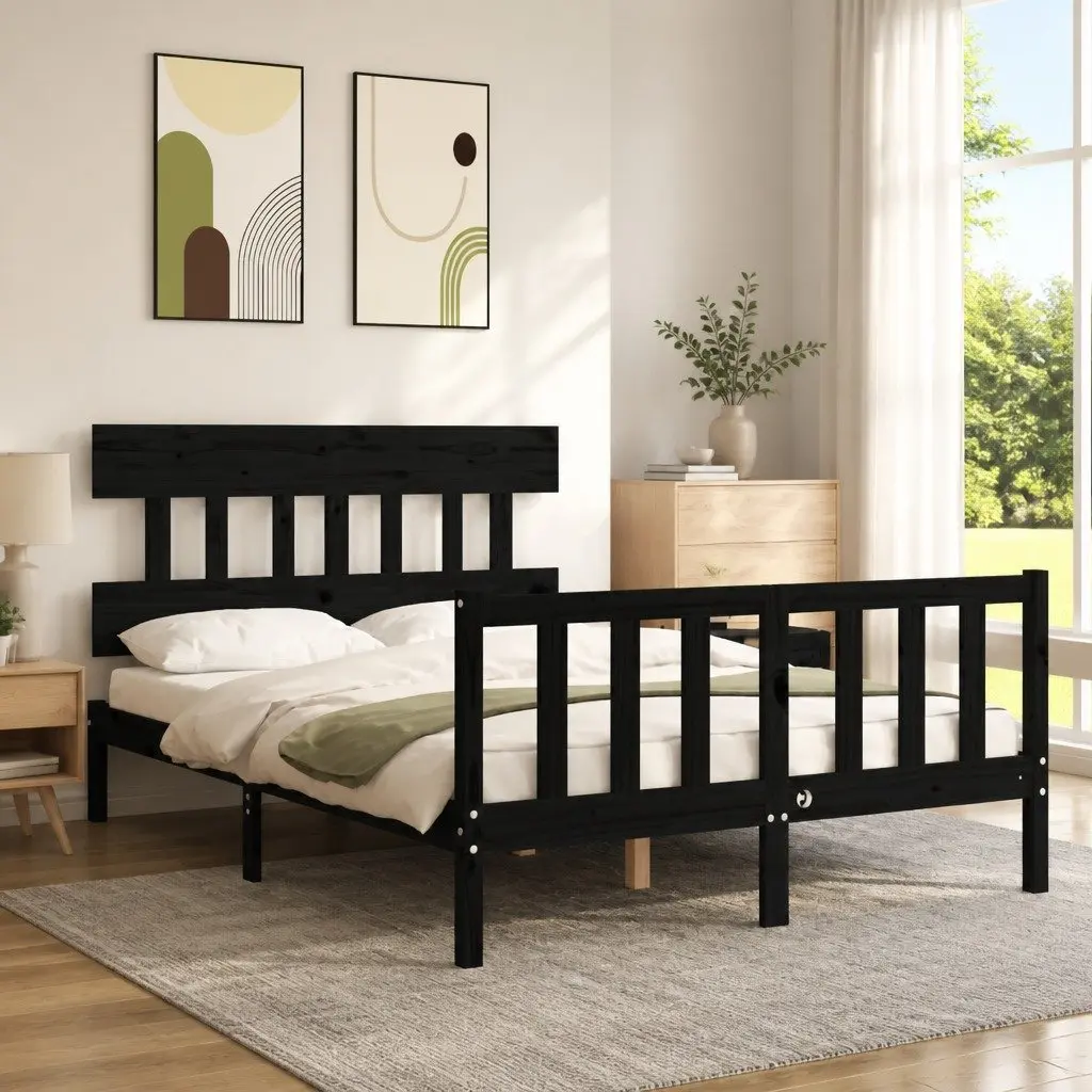 Bed Frame Black 135x190 cm Solid Pine Wood Durable with Headboard