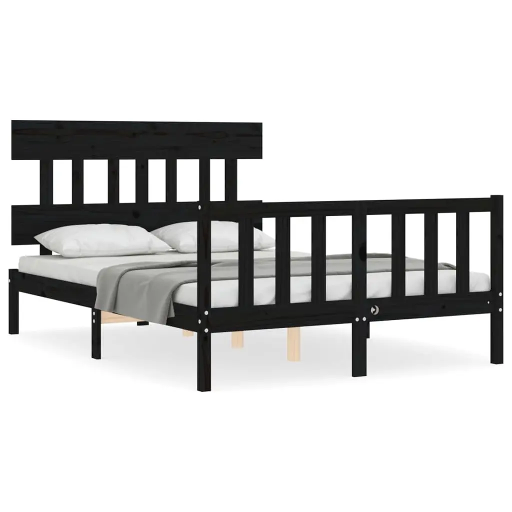 Bed Frame Black 135x190 cm Solid Pine Wood Durable with Headboard