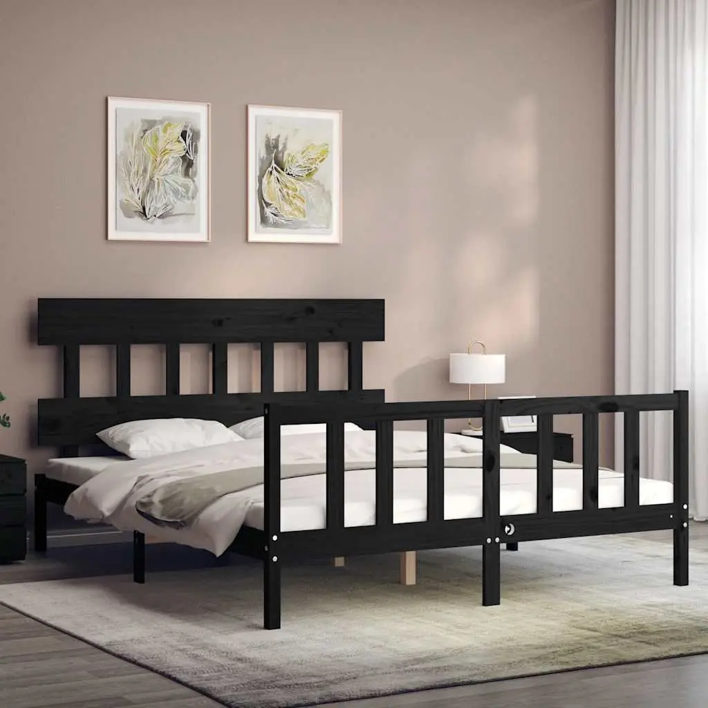 Bed Frame Black 150x200 cm Solid Pine Wood Headboard Footboard