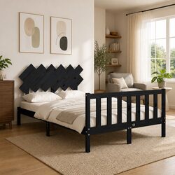 Solid Wood Bed Frame Black 135x190 cm Pine Wooden Bedroom Furniture Headboard
