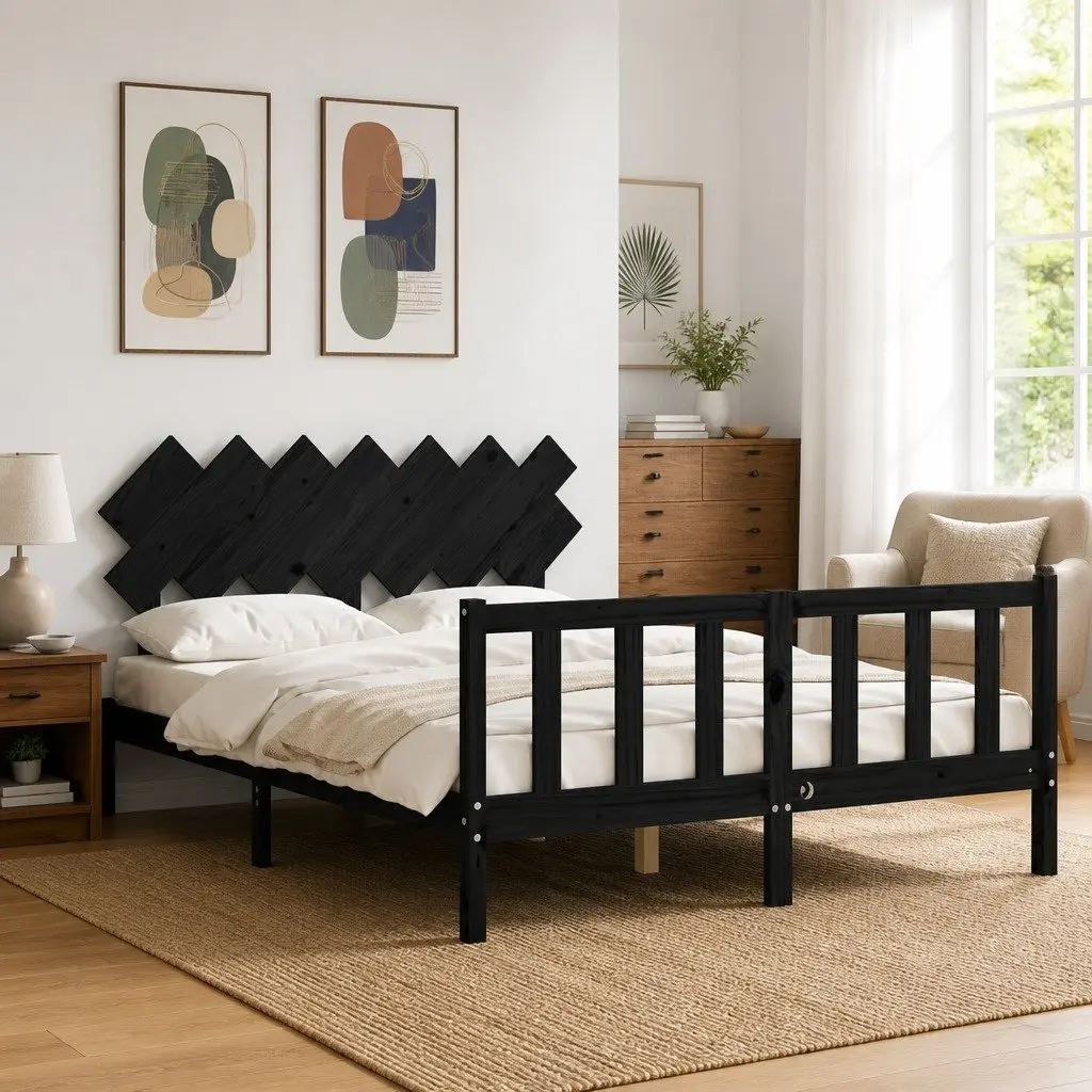 Black Bed Frame Solid Pine Wood 150x200 cm with Headboard and Footboard for Bedroom Furniture