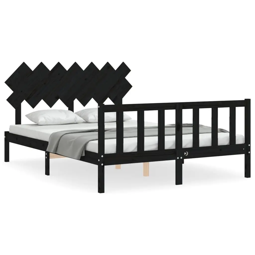 Black Bed Frame Solid Pine Wood 150x200 cm with Headboard and Footboard for Bedroom Furniture