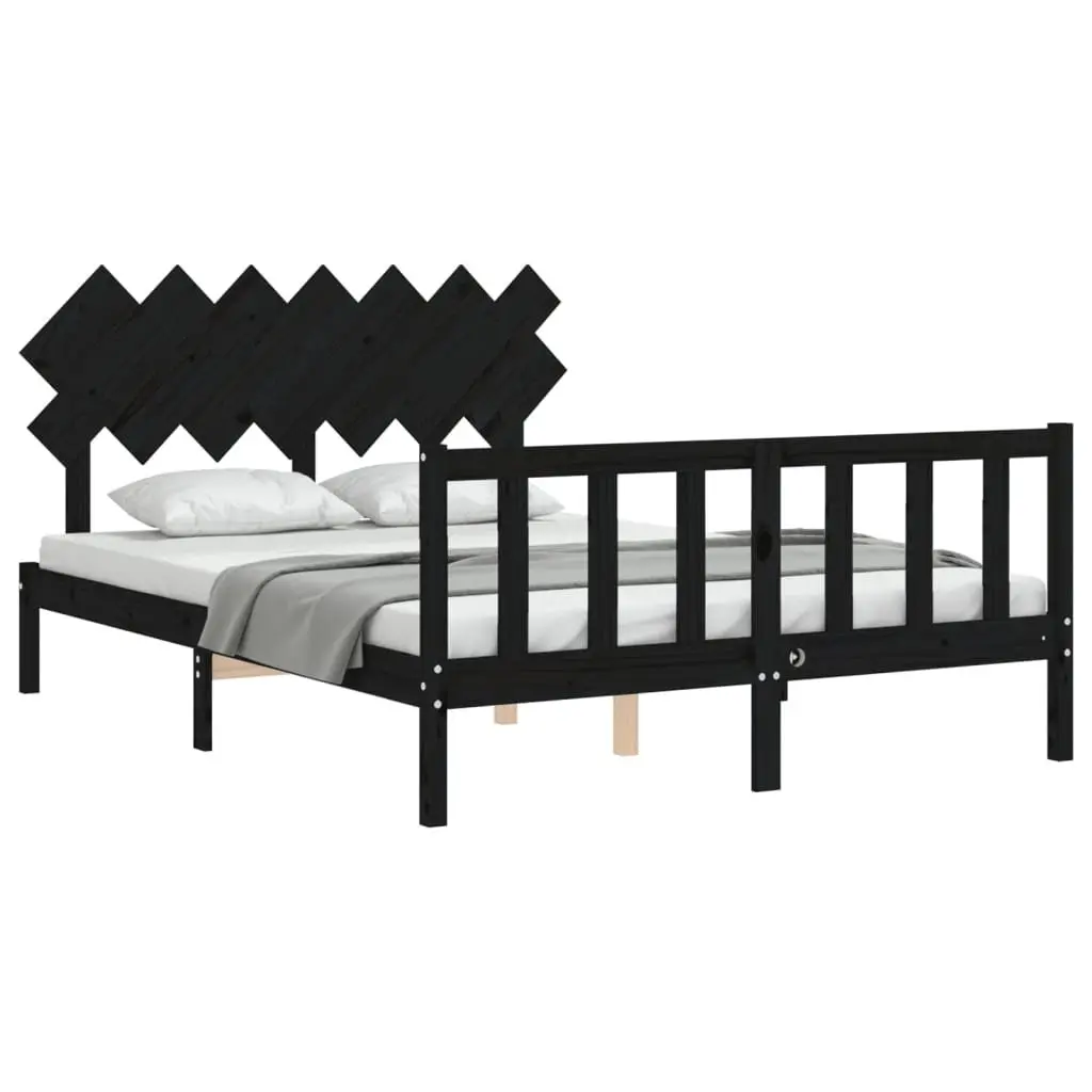 Black Bed Frame Solid Pine Wood 150x200 cm with Headboard and Footboard for Bedroom Furniture