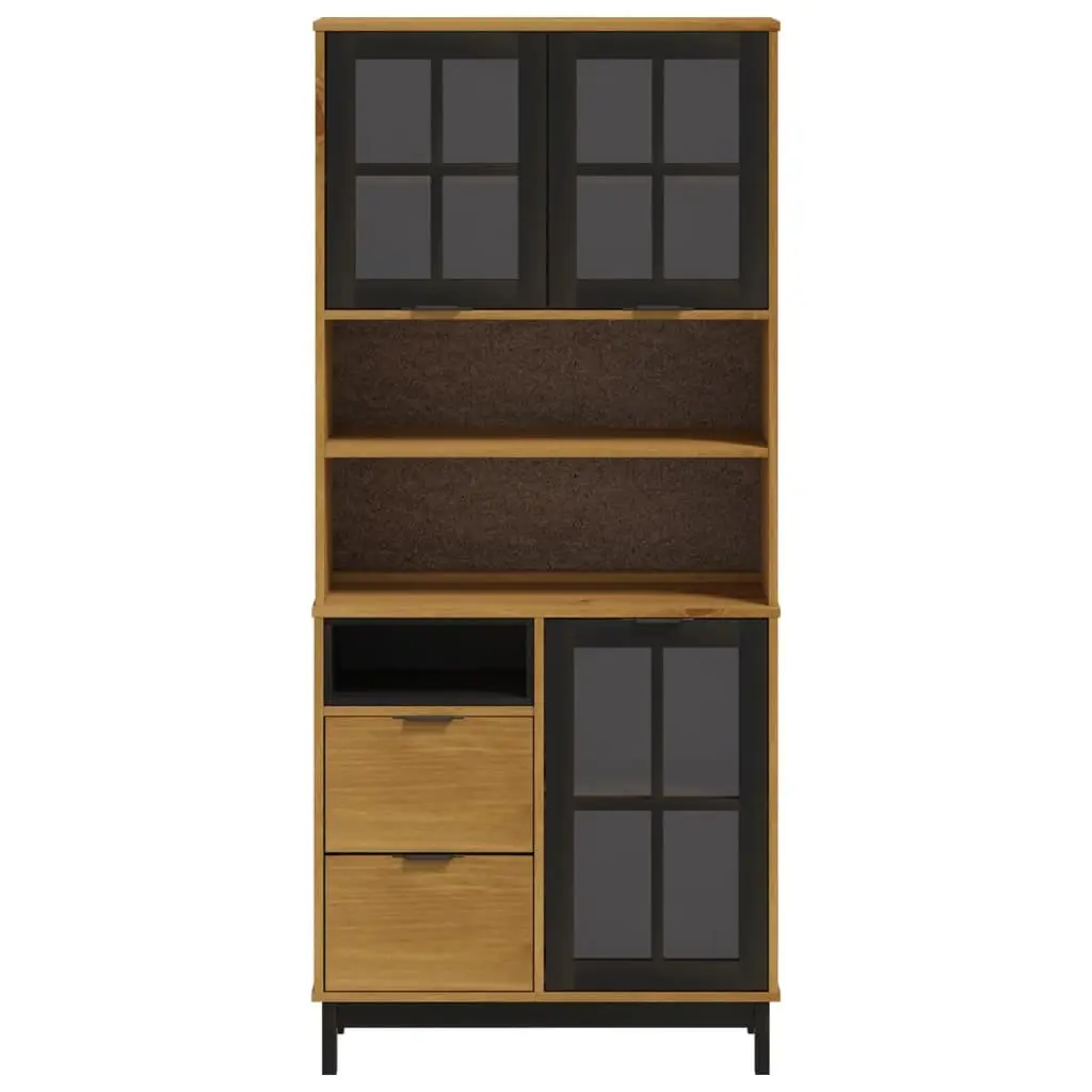 Highboard Storage Cabinet Brown Solid Pine Wood Glass Doors Shelves Drawers