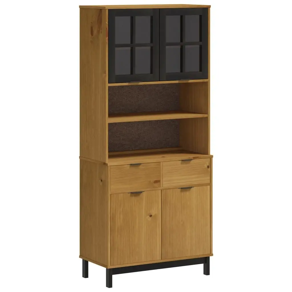 Highboard Brown Solid Pine Wood Storage Cabinet with Glass Doors Shelves and Drawers 80x40x180cm