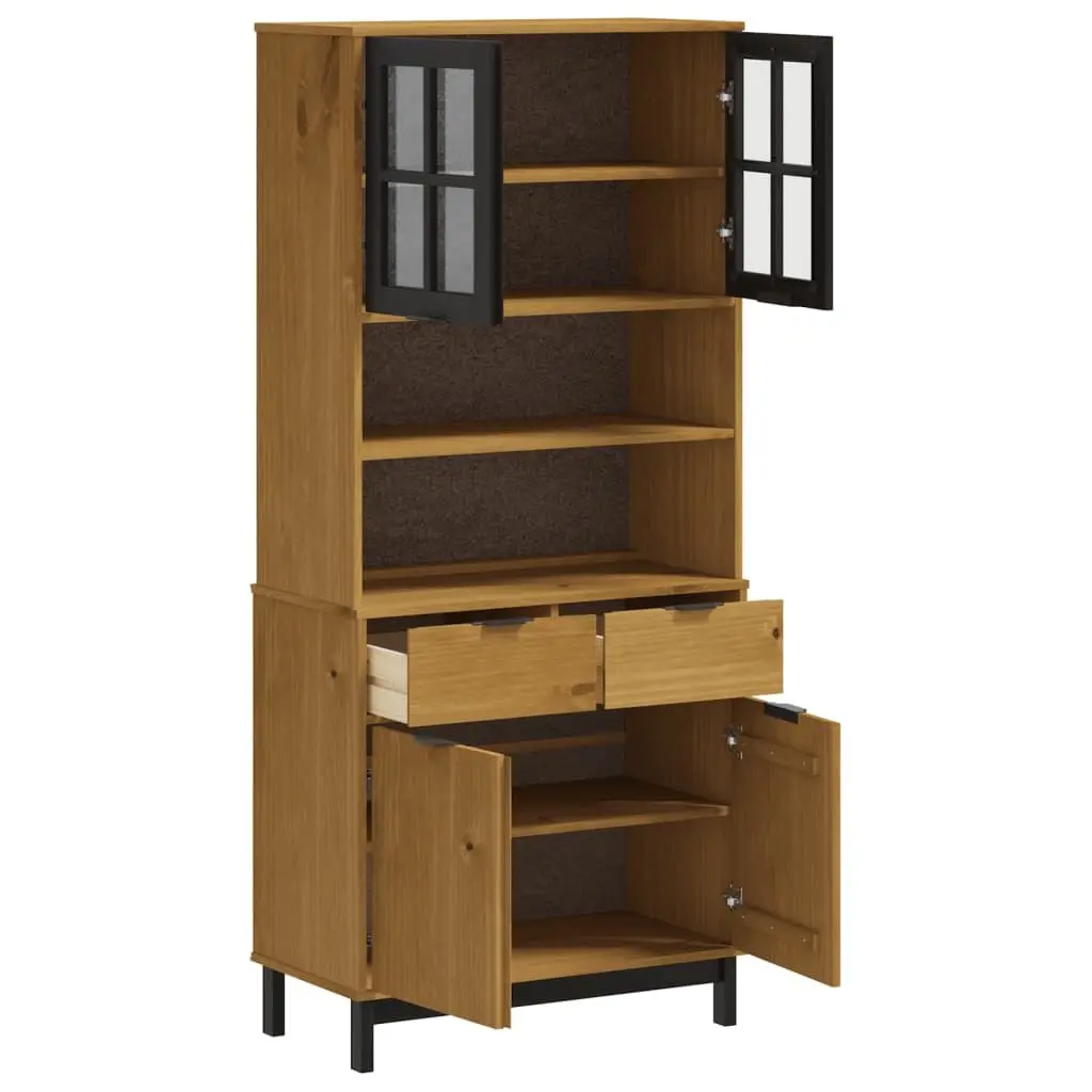 Highboard Brown Solid Pine Wood Storage Cabinet with Glass Doors Shelves and Drawers 80x40x180cm