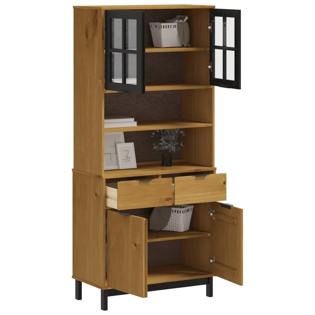 Highboard Brown Solid Pine Wood Storage Cabinet with Glass Doors Shelves and Drawers 80x40x180cm