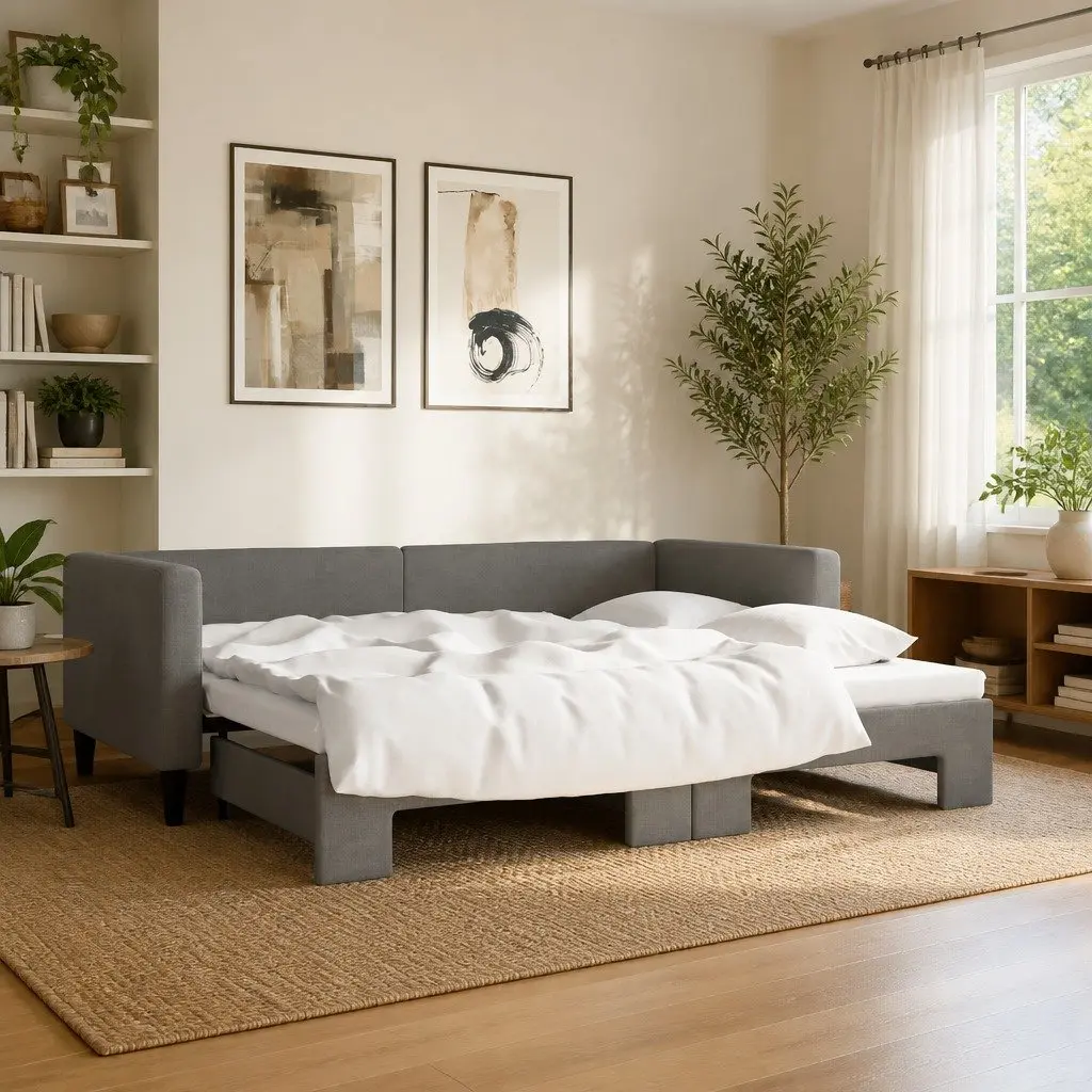 Daybed Grey 90x190 cm Convertible with Trundle Sofa Bed for Guest Bedroom