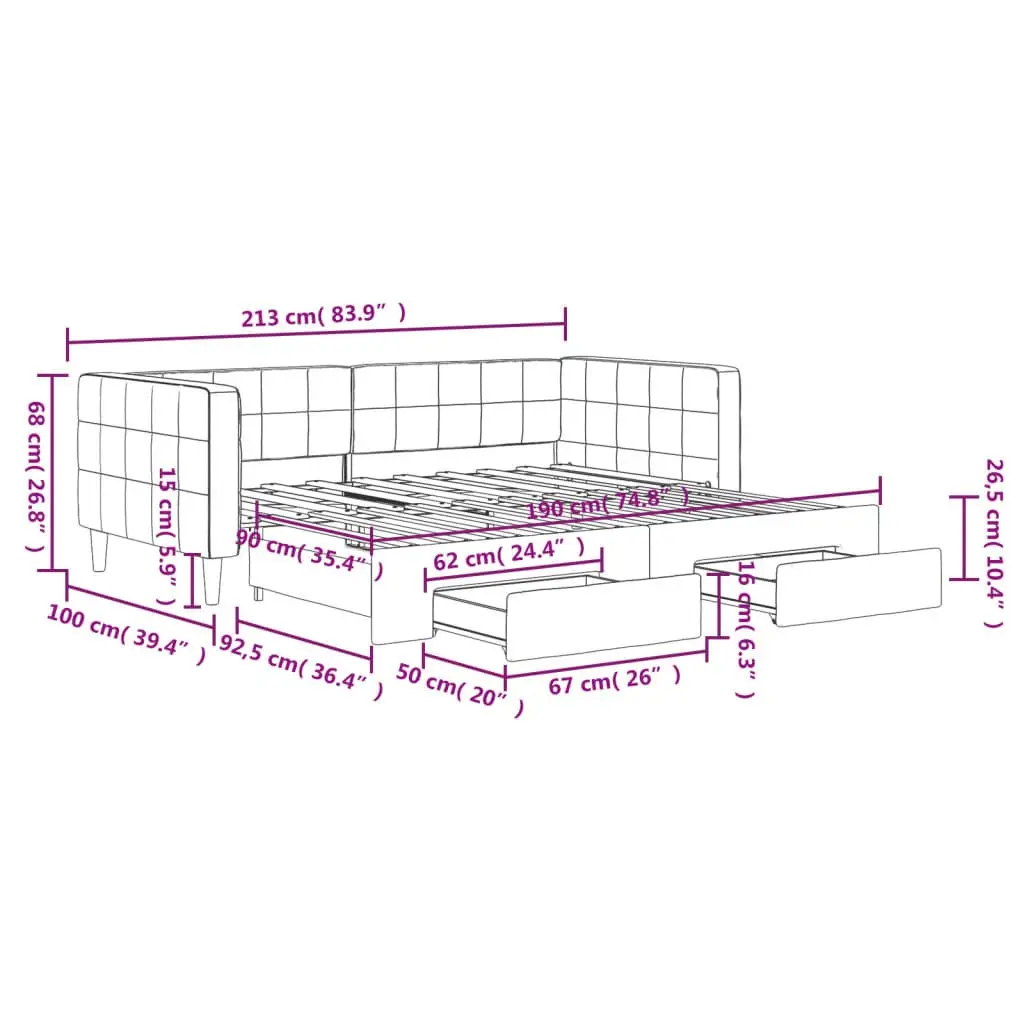 Daybed Grey 90x190 cm Convertible with Trundle and Storage Drawers