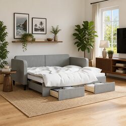 Compact Daybed with Trundle: Grey Upholstery