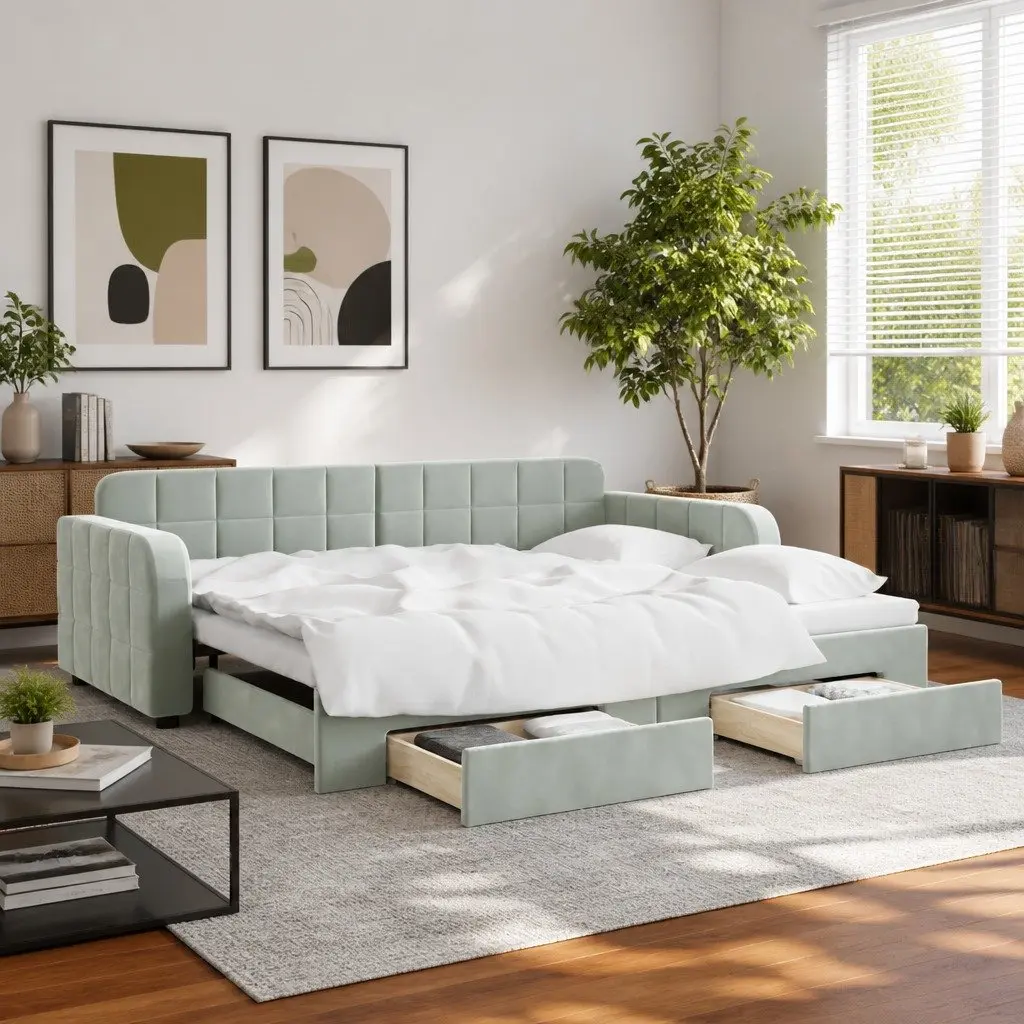 Daybed Grey 90x190cm with Trundle and Storage Drawers