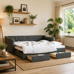 Daybed with Trundle and Storage Drawers Sofa Bed Guest Bed 90x190 cm Grey