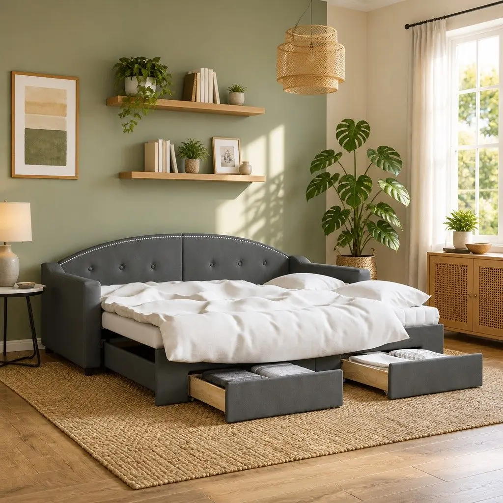 Daybed Grey 90x190 cm Trundle with Storage Drawers