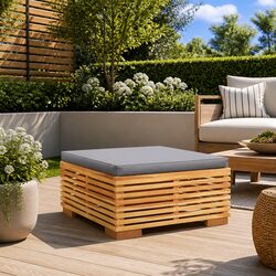 Footrest Ottoman in Teak Wood with Padded Grey Cushion