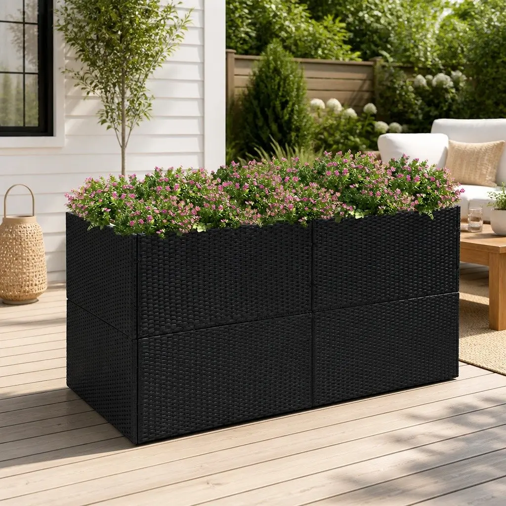 Garden Planter Box Black 157x80x80cm Outdoor Flower Bed Water-resistant PE Rattan with Open Bottom Drainage