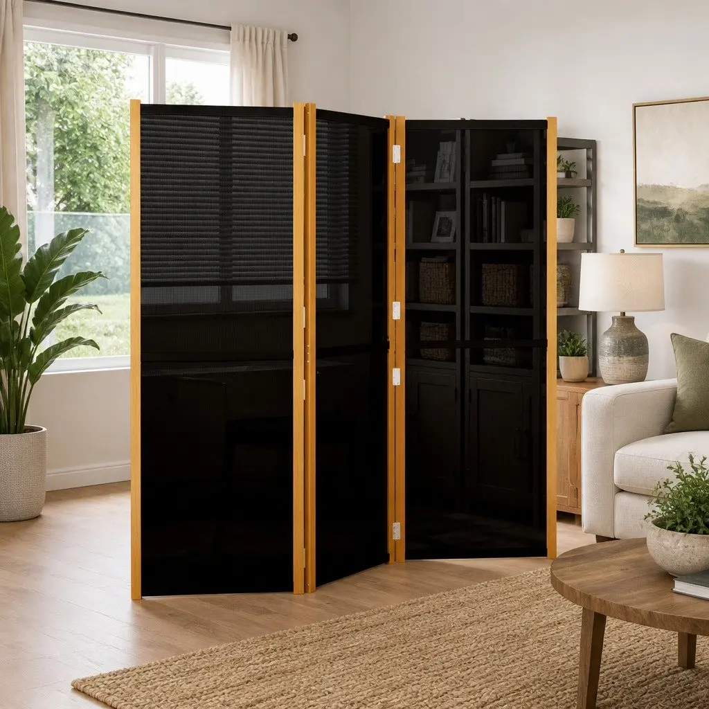 Black Folding Privacy Screen 3 Panel Room Divider Indoor Outdoor 210x180cm Acacia Wood