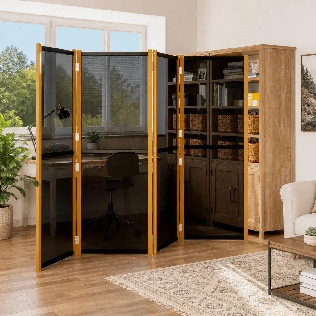 4-Panel Room Divider Black Folding Privacy Partition Indoor Outdoor