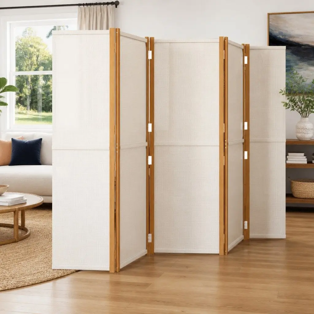 5 Panel Folding Privacy Screen Cream White Room Divider Portable Indoor Outdoor Use 350x180cm