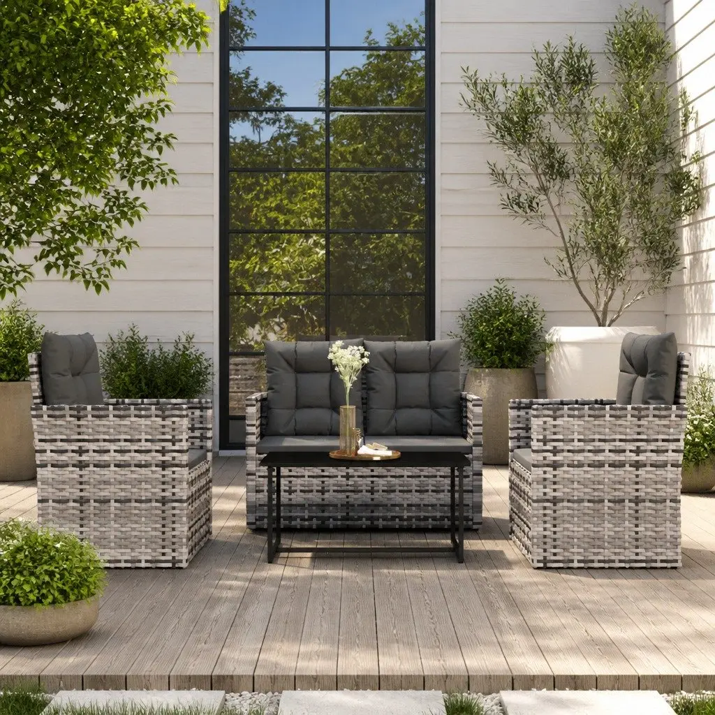 Outdoor Lounge Set Grey 4 Piece Poly Rattan Garden Furniture with Cushions