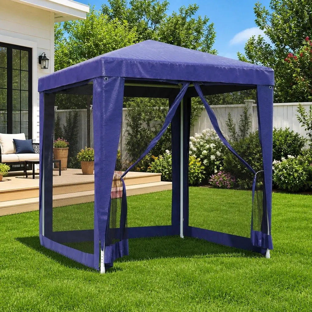 Party Tent Gazebo Blue 2x2m Mesh Sidewalls Outdoor Canopy Shelter