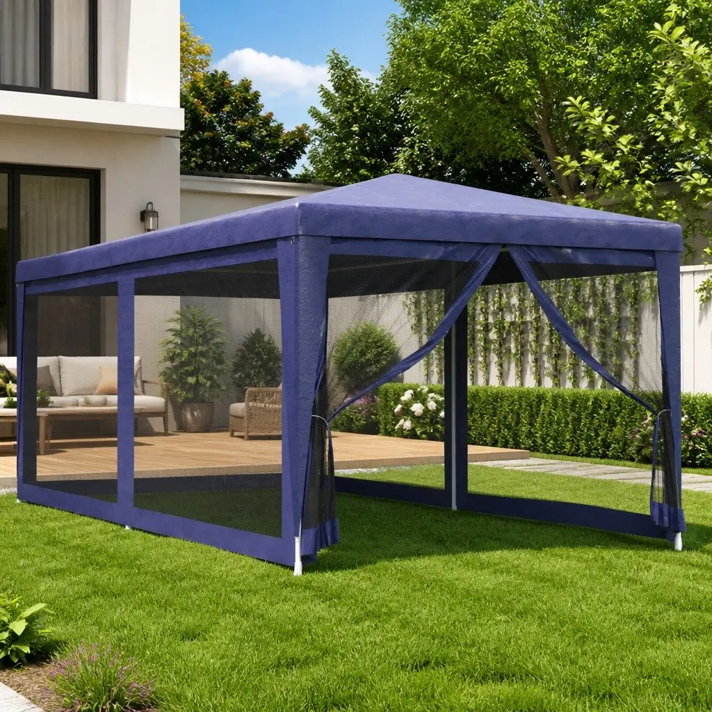 Party Tent Blue 3x6m Heavy-duty Iron Frame Water-resistant Roof with 6 Mesh Sidewalls