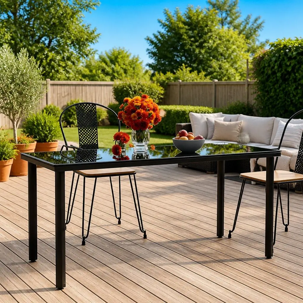Garden Dining Table 160x80x74cm Black Outdoor Furniture Steel Frame Tempered