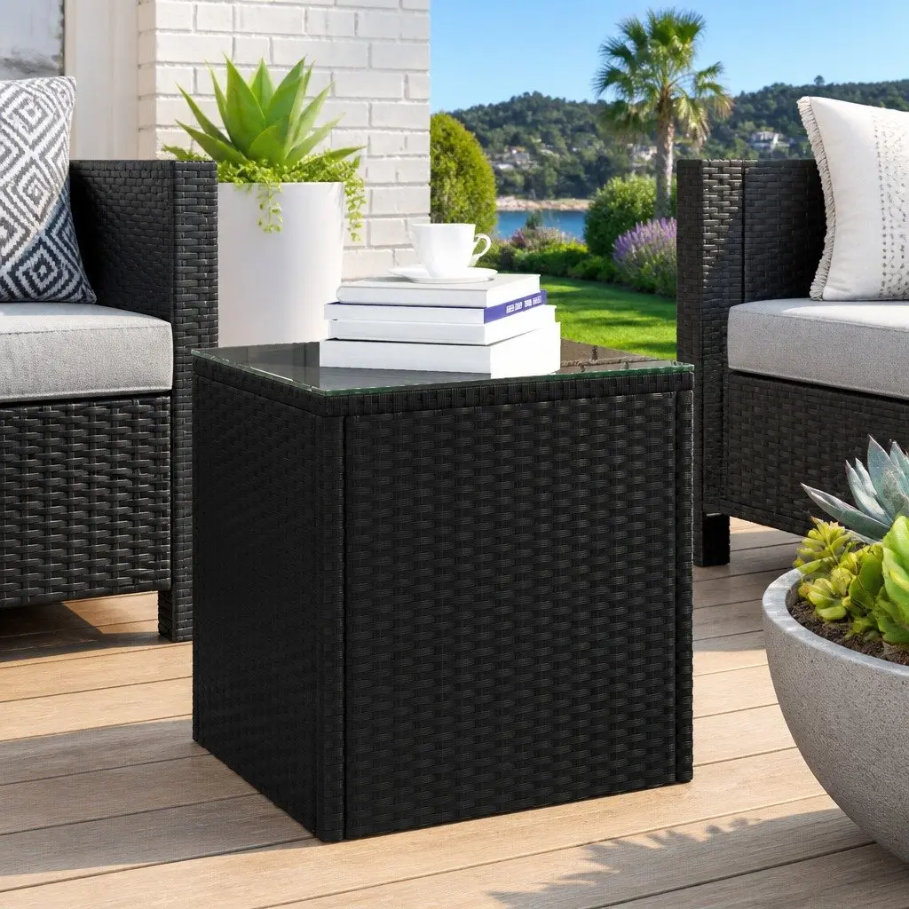 End Table Poly Rattan Black 40x37x40.5cm Tempered Glass Top for Indoor Outdoor Use