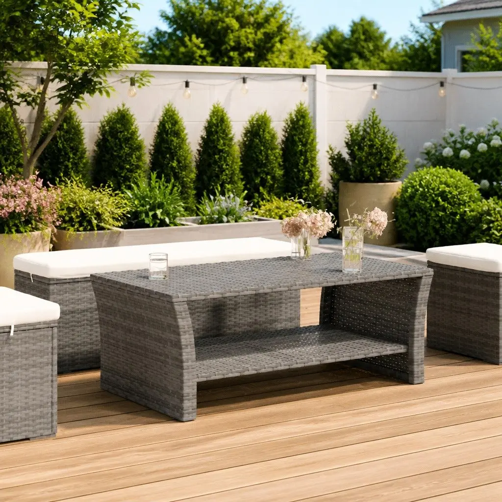 Coffee Table Grey Outdoor Patio Poly Rattan with Storage Shelf