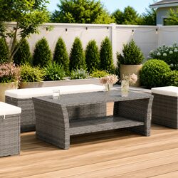 Coffee Table Grey Outdoor Garden Patio Poly Rattan with Storage Shelf