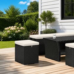 Outdoor Footstool Ottoman with Removable Cushion Black Poly Rattan Seat