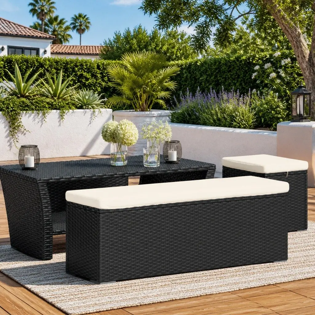 Outdoor Ottoman Bench Black 110 x 30 x 40 cm Removable Cushion Poly Rattan Patio Seating
