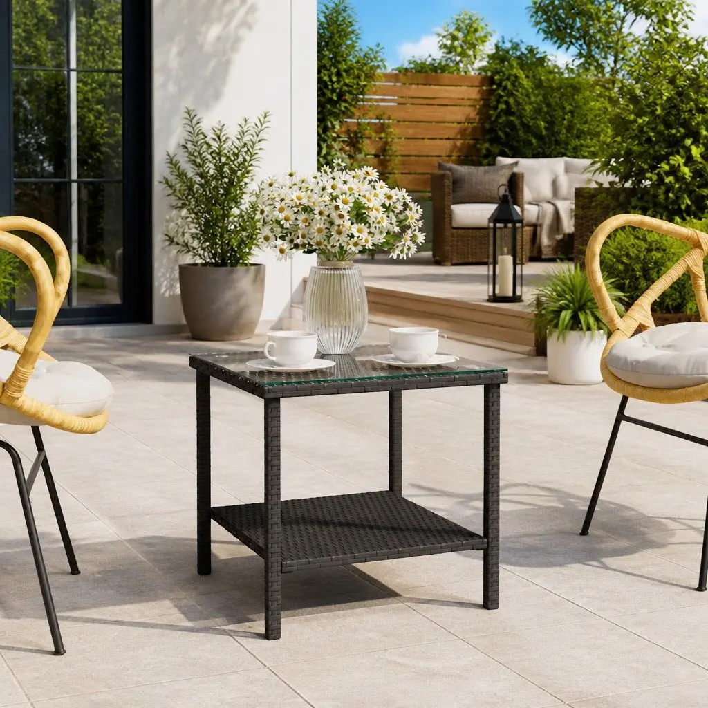 Side Table Black 45x45x45cm Poly Rattan Tempered Glass Top Weather Resistant Indoor Outdoor